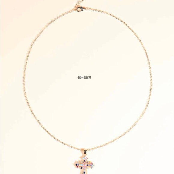 Random Color Cubic Zirconia Cross Charm Necklace - Picture 2 of 4